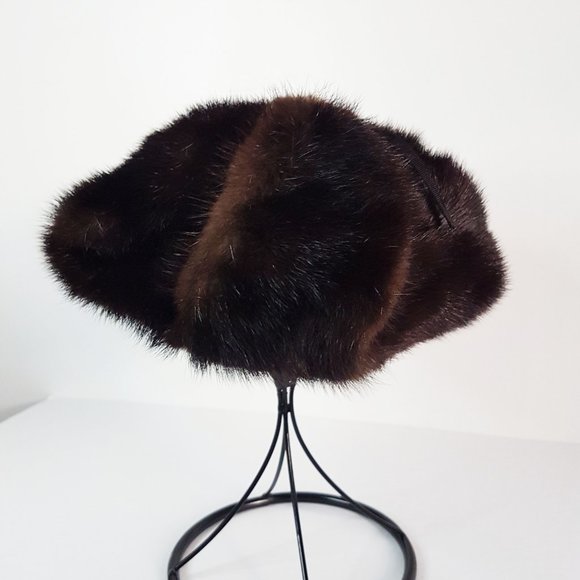 Vintage Dark Brown Mink Suede Fur Aviator Hat, Real Fur Trapper Hat - Picture 6 of 10